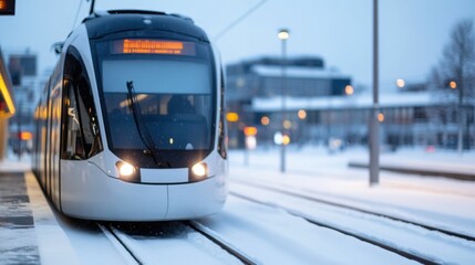 Fototapeta premium Modern tram navigating snowy urban landscape at dusk
