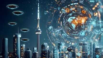 Obraz premium Futuristic City Skyline with Hovering UFOs in Dramatic Night Landscape A captivating digital depicting a modern metropolis with towering skyscrapers and unidentified flying objects hovering above