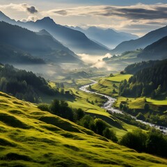 Mountain valley during sunrise. Natural summer landscape in Slovakia