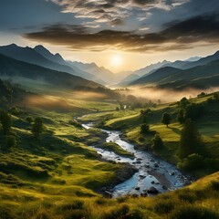 Mountain valley during sunrise. Natural summer landscape in Slovakia