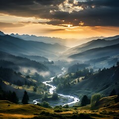 Mountain valley during sunrise. Natural summer landscape in Slovakia