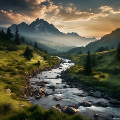 Mountain valley during sunrise. Natural summer landscape in Slovakia