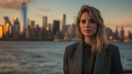 Obraz premium Young woman with blonde hair, serious expression, standing against a blurred cityscape at sunset.