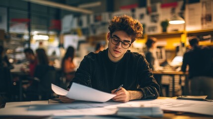 Fototapeta premium Young man reviewing documents at a busy office.