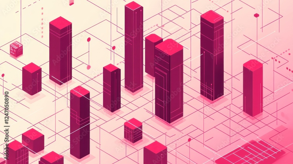 Poster abstract isometric illustration of interconnected data structures resembling a city.