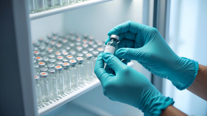 Precise medical care shown with hands in latex gloves holding a vial, surrounded by vials in a well-organized refrigerator