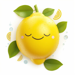 Lemon with green leaves on white