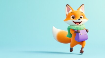 Obraz premium Happy cartoon fox with backpack running on light blue background.