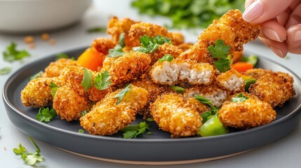 Fototapeta premium Healthy air-fried snacks being plated by hand in a bright kitchen ultra HD, --no grunge, dust --chaos 20 --ar 16:9 --profile fahikv5 --stylize 200 --v 6.1 Job ID: 6467688a-d59f-4458-85ca-789c89e50a78