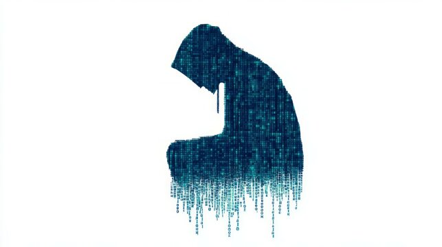hacker silhouette, blue digital code, white background clip art preview