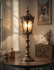Elegant vintage lamp illuminating a room with artistic decor, creating warm shadows on the wall