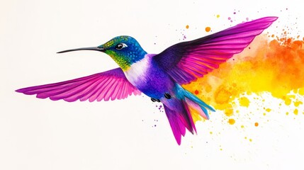 Obraz premium Vibrant Hummingbird in Colorful Flight - A stunningly detailed illustration of a hummingbird in vibrant colors, showcasing its wings in mid-flight with a splash of color in the background.