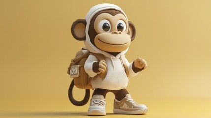 Cute cartoon monkey wearing hoodie and backpack.