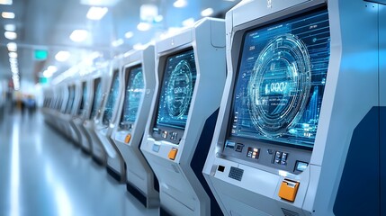 Futuristic Digital Currency ATM Machine with Illuminated Interface and Blue Displays in a Modern Urban City Setting Representing the Concept of Innovative Financial Transactions and Cashless Payments