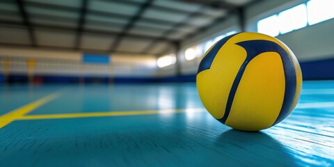 Yellow and blue handball on indoor court.