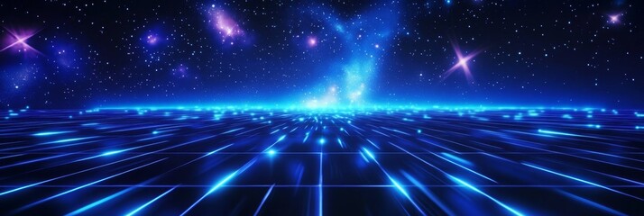 Obraz premium Retro 80s Video Game Background with Blue Grid - A stunning digital landscape featuring a vibrant blue grid with a cosmic backdrop symbolizing retro gaming, infinity, digital art, stars