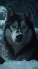 Close-up portrait of a Siberian Husky dog resting in the snow.