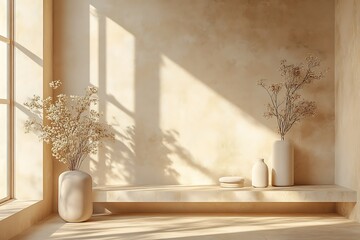 A minimalist beige and gold backdrop enhanced by gentle natural light streaming in from a window, providing a tranquil atmosphere for showcasing products.