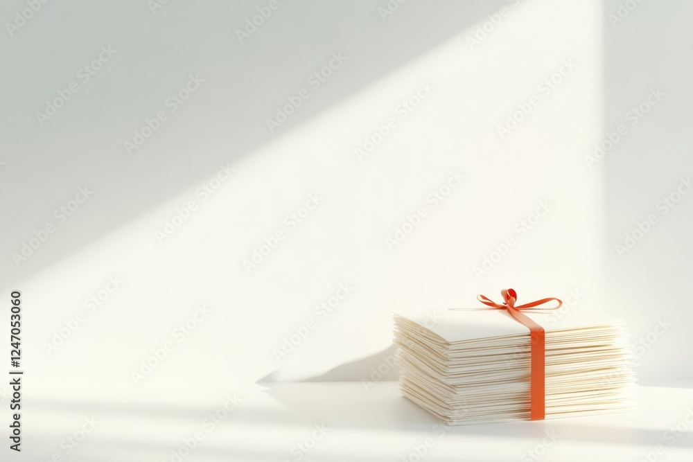 Poster stack of blank envelopes tied with a ribbon under soft light on a minimalist background focusing on 