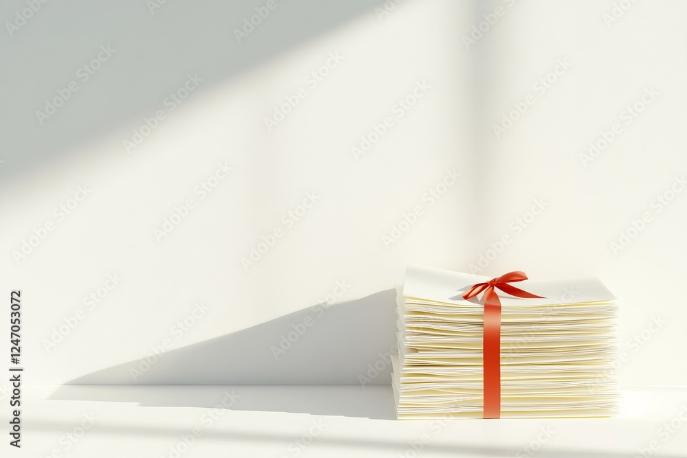 Poster stack of documents tied with a ribbon on a minimalist background with soft lighting