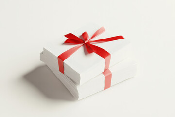 Fototapeta premium Stack of white wrapped gifts with red ribbon on a light background ready for giving during the holiday season
