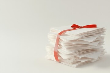 Stack of white papers tied with a red ribbon, showcasing organization and creativity in office or personal settings