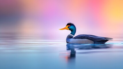 Obraz premium Majestic Waterbird with Bright Orange Beak and Glowing Background - This breathtaking scene features a beautiful waterbird gliding gracefully on serene water, reflecting vibrant colors
