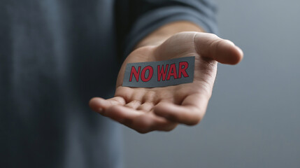 A close-up shows a man's hand displaying the message "No War" against a gray background.
