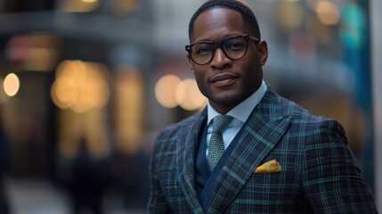 Obraz premium Confident businessman in a plaid suit outdoors.
