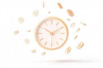 Floating clock surrounded by money icons representing time and financial success in a minimalist design