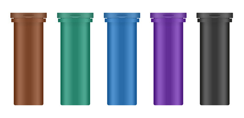Set of effervescent tablet tubes. Small medical pill bottles. Brown, green, blue, purple and black jars. Plastic medicine container. 3d mockup of a pharmaceutical packaging
