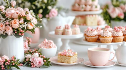 Pink floral tea party dessert spread