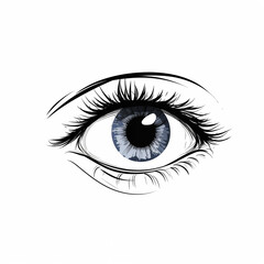 Fototapeta premium Blue eye with glare, human eye, front view, badge, simple black and white and color sketch isolated on a white background, picture for printing on a T-shirt, background, signboard, without people