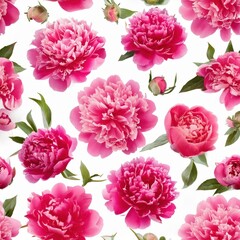 Lush pink peonies in full bloom, their delicate petals and green leaves forming an elegant seamless floral pattern against a crisp white background.