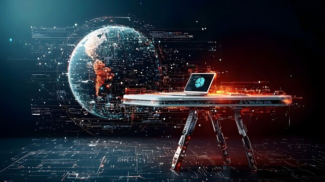 Futuristic modern desk setup with augmented reality and virtual reality devices displaying digital lessons tutorials and educational content in a high tech innovative workspace environment