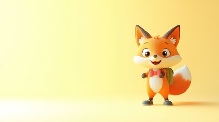 Obraz premium Cute cartoon fox wearing backpack and bow tie against yellow background.