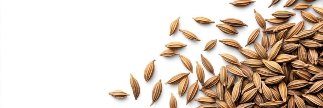 Cumin Seeds on White Background - Close-up of cumin seeds scattered on a white background showcasing their texture and color.