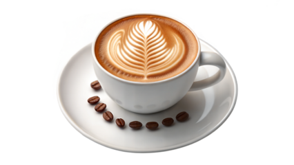 cup of coffee, Highly realistic photo of a cappuccino coffee cup with creamy milk and intricate latte art, isolated on a transparent background. Ideal for advertising, menu designs, or coffee-related 