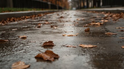 Fototapeta premium Autumn leaves on a wet city street