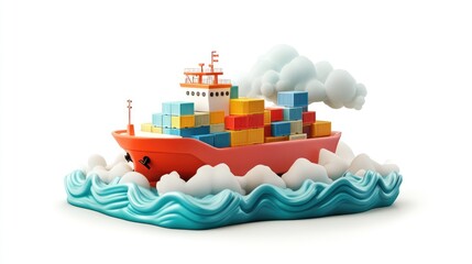 Obraz premium Cartoon cargo ship with colorful containers sailing on stylized waves.
