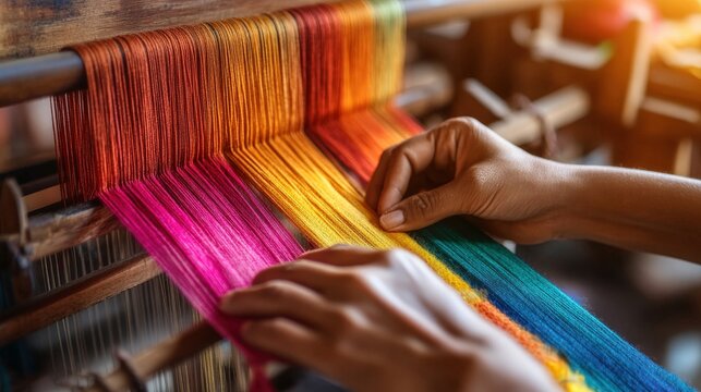 A skilled Indian artisan hand-weaving a silk saree on a wooden loom, surrounded by vibrant threads and fabrics in a traditional workshop with sunlight streaming through the windows