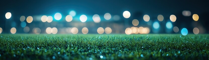 Obraz premium Night scene of blurred city lights behind lush green grass.