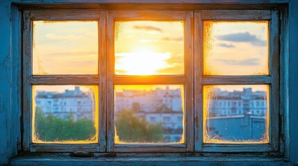 Four square glass panels create a serene scene of a sunset-tinted landscape