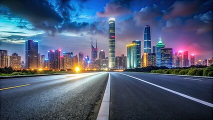 Fototapeta premium Guangzhou Night Cityscape - Empty Asphalt Road Bokeh