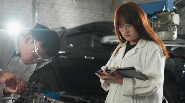 Close-up of students in Chinese automotive workshop, boy measuring engine with vernier caliper while girl records data on tablet, bright light illuminates scene