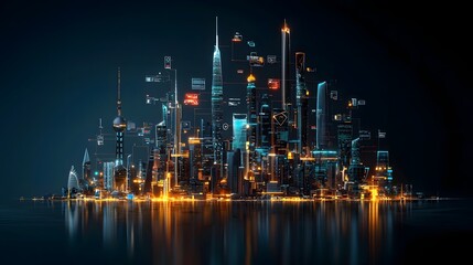 Fototapeta premium Futuristic smart city skyline with glowing neon buildings illuminating the night scene showcasing a vibrant and contemporary urban landscape with skyscrapers commercial structures