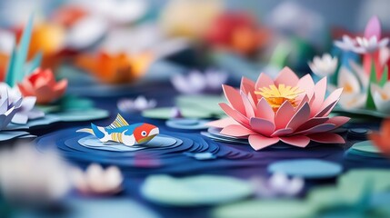 Fototapeta premium Colorful paper art of fish and lotus flowers in a pond.