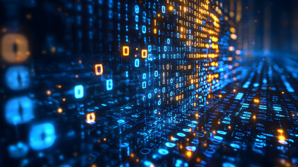 Futuristic Data Visualization in Cyber Technology: Glowing Blue and Orange Matrix Connections, Digital Code, Network Circuits, AI Algorithms, and Automation Insights in a Deep Virtual System