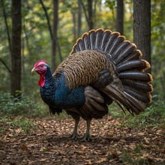 Puffed Up Wild Turkey Displaying its Plumage A turkey in full display with its tail feathers spread out, showcasing beautiful colors against a white background.
