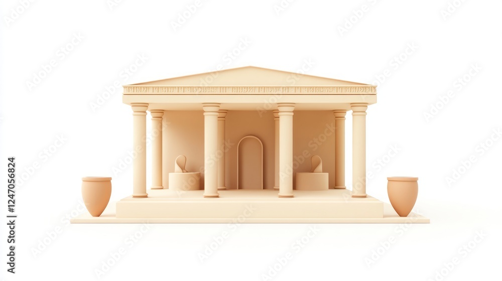 Poster 3d render of a beige classical temple with columns and urns.